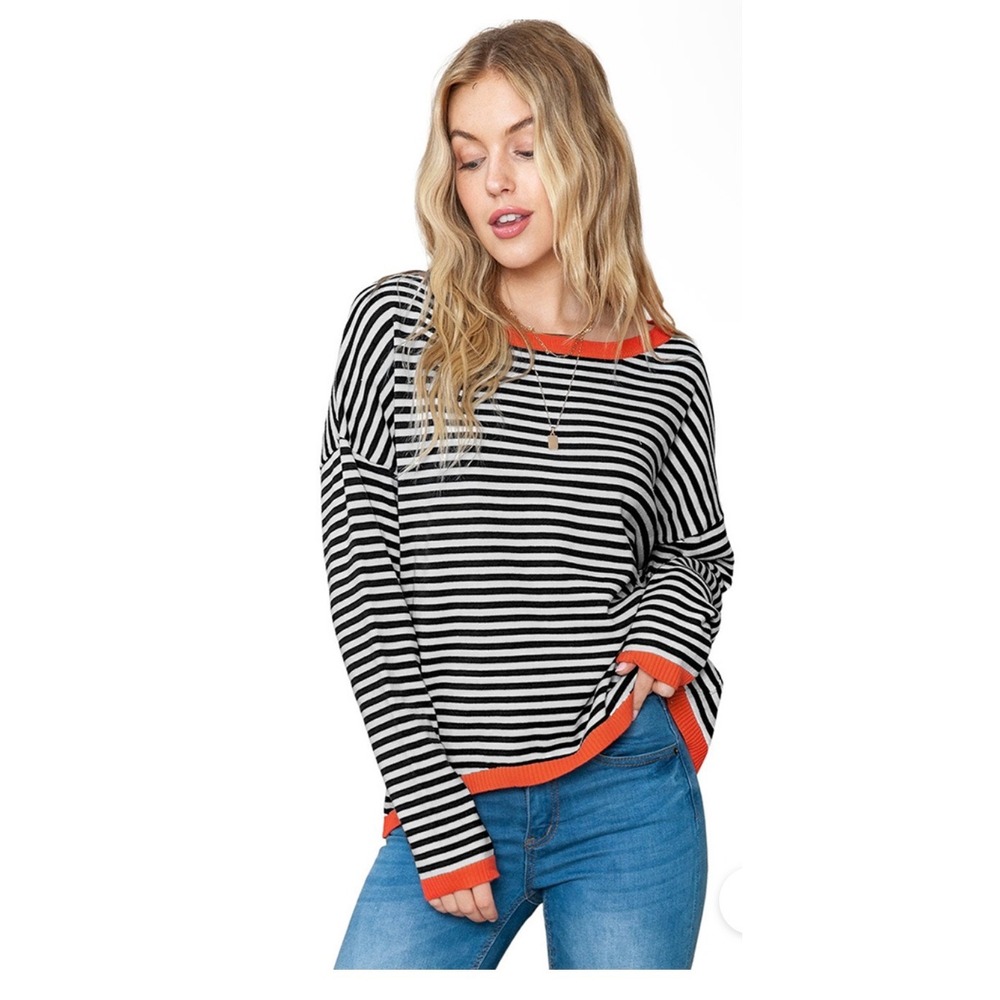 Emery Rose Striped Knit Sweater Contrast Trim L Parisian Preppy French‎ Girl